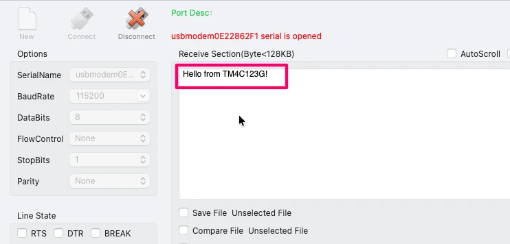 Image shows the data transmitted by TM4C123G over UART is received on the serial terminal.
