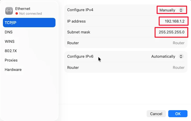 Configure Ethernet on mac & windows to use static IP with W5500.