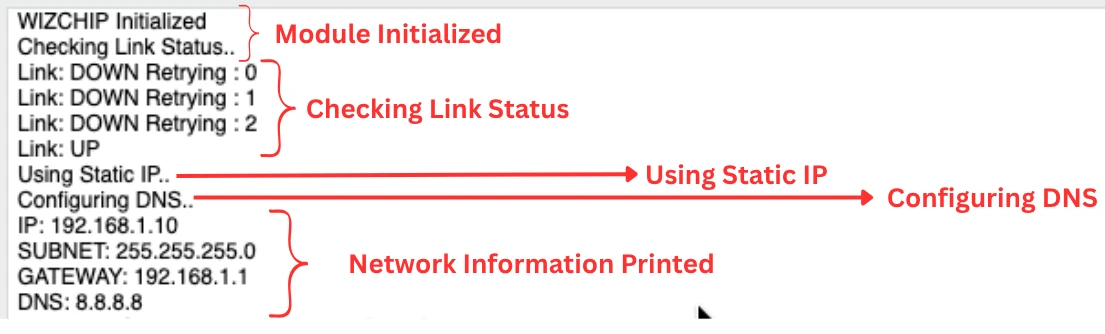 W5500 Initialization logs printed on the serial console, using static IP.