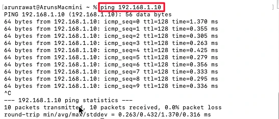 Output of the ping test performed on W5500 module with STM32F103 using static IP.