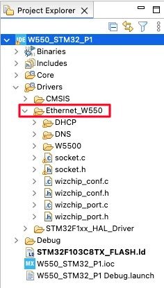 STM32 project structure to include the wiznet library files for W5500 Ethernet Module.