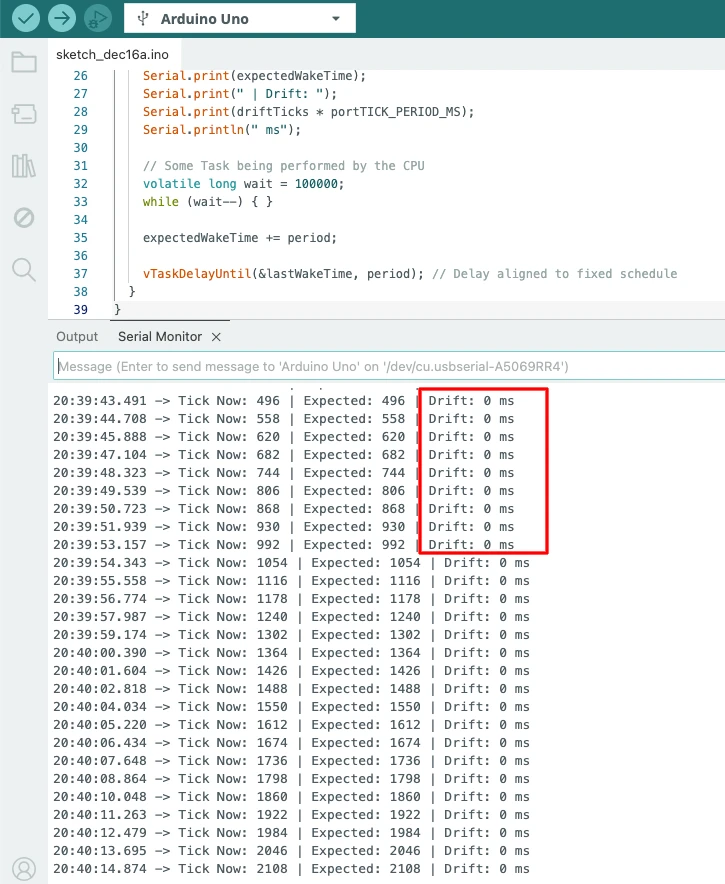 Image showing the vTaskDelayUntil() does not cause any drift over time. It can be used for periodic tasks.