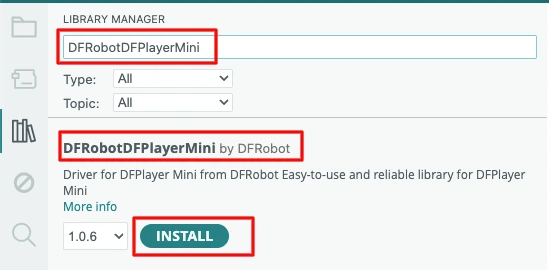 Image showing the DFRobot DFPlayerMini library for installing in the Arduino IDE.