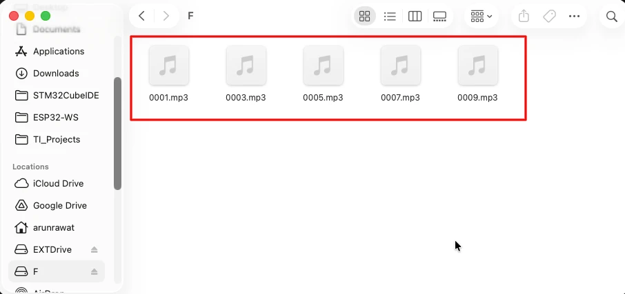Image showing the audio files are stored on the SD card, which will play on the DF player mini, using the Arduino.