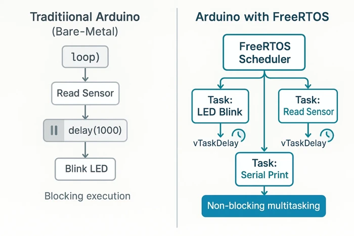 Comparison diagram showing bare-metal Arduino loop blocking execution versus FreeRTOS multitasking with a scheduler managing multiple tasks.