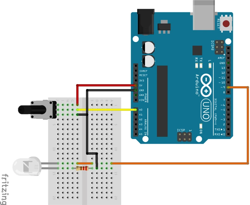 Image showing the connection between Arduino, Potentiometer and LED connected to PWM pin.