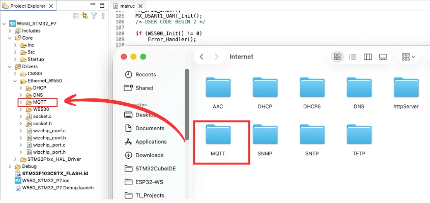 Image showing the MQTT folder copied from wiznet IO library to the STM32 project folder.
