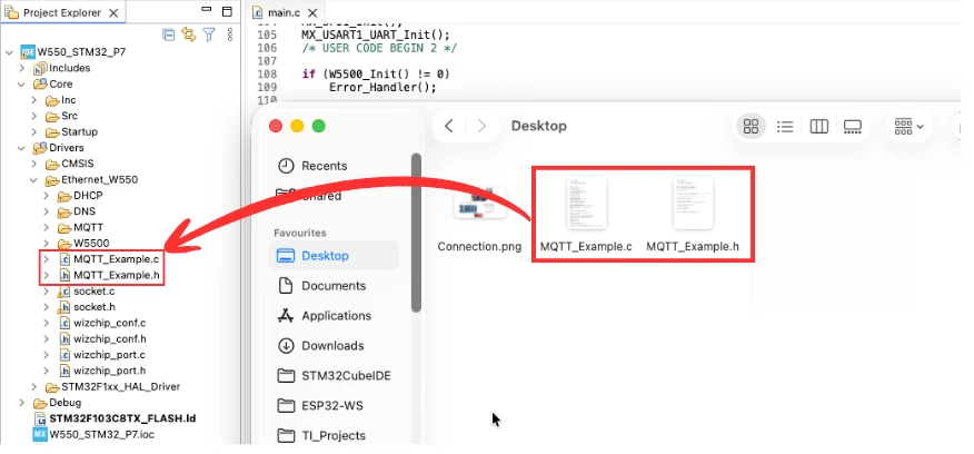 Image showing the MQTT_Example.c and .h files copied to the STM32 project folder.