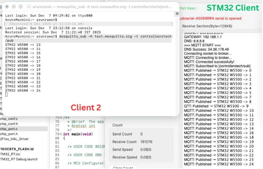 Image showing the data published by STM32 client to a topic is received by another client.