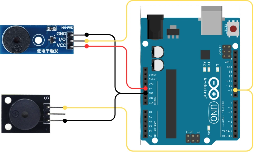 Image showing the wiring connection between buzzer module and Arduino Uno.