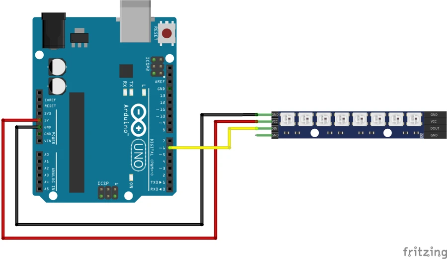 Image showing the connection between ws2812 led strip and arduino.