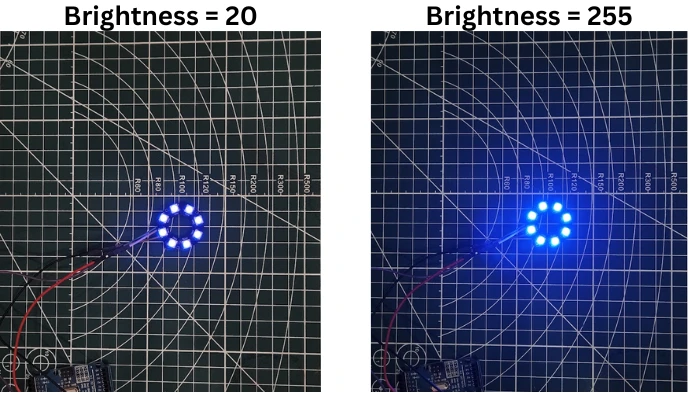 Image shows the difference in brightness of the ws2812 LEDs, when different brightness values are set in the arduino code.