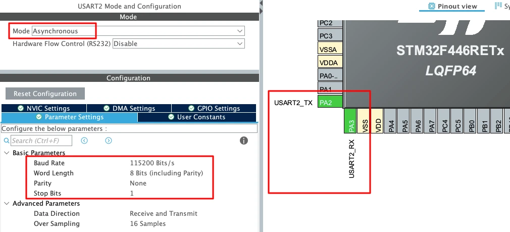 STM32 UART configuration for nucleo F446