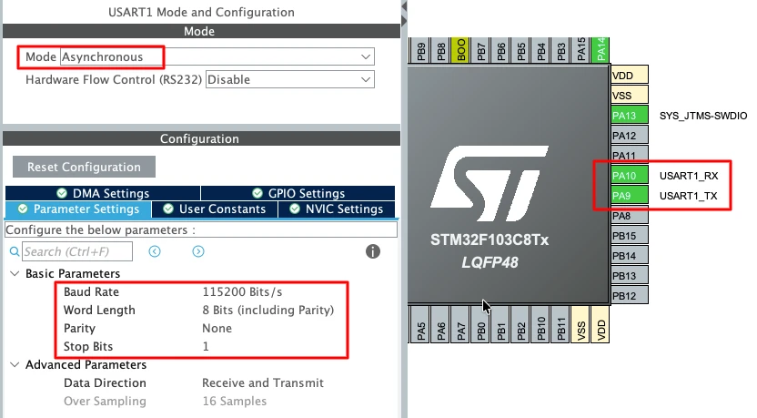 STM32 UART configuration for F103C8