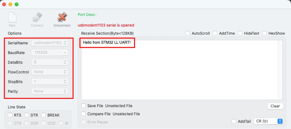 Serial console shows the data sent by STM32 via UART. It has received the same data.