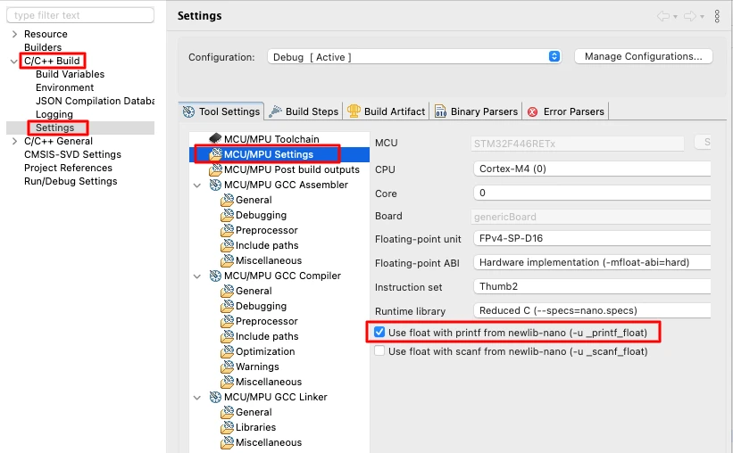 Enable float printf in STM32CubeIDE.