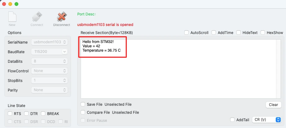 Serial console shows the printf data sent by STM32 via UART. It has received the same data.