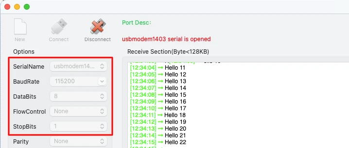 image shows the UART output printed repeatedly on a serial terminal. The counter value increases every second, confirming that data is transmitted correctly using UART interrupt mode.