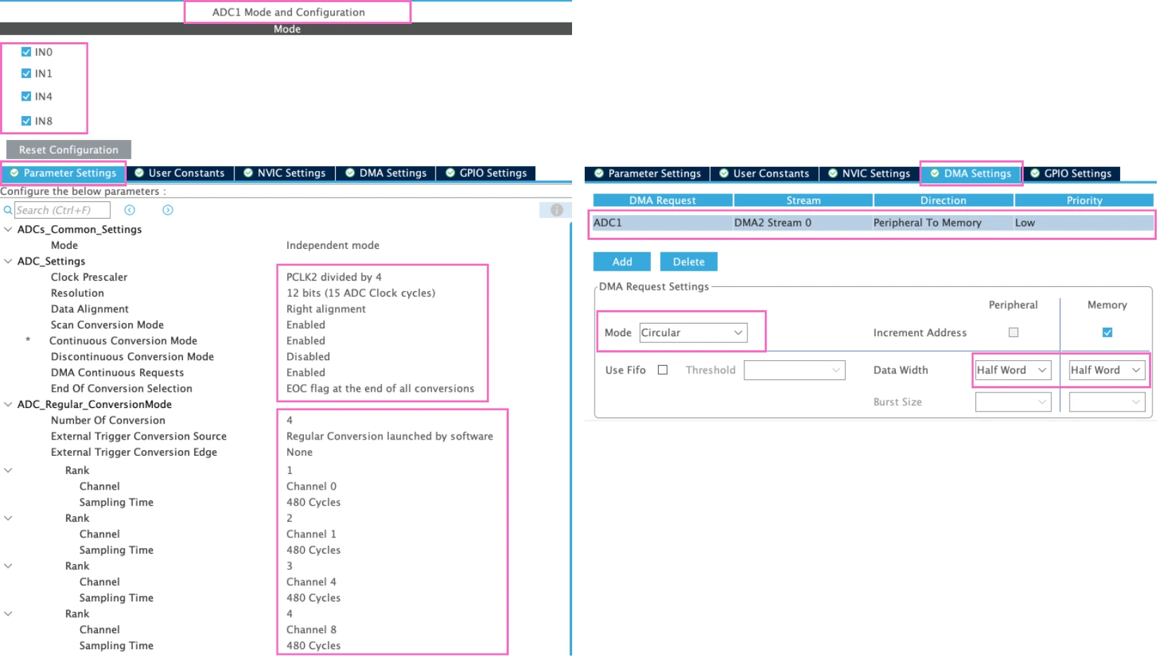 Image shows the STM32 ADC configuration for multiple channels.