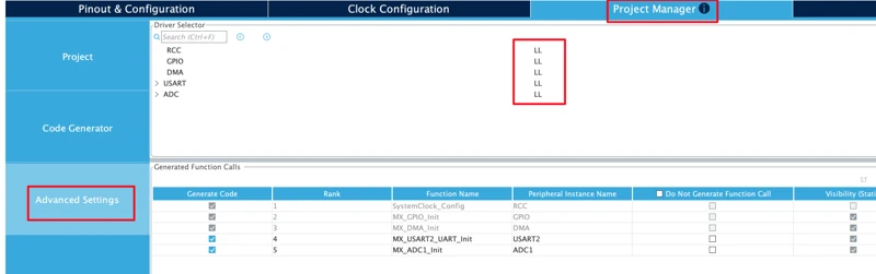 Enable the STM32 LL drivers in STM32CubeMX.