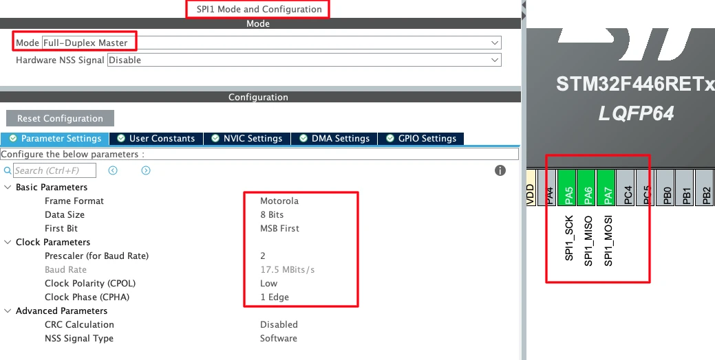 Image showing STM32CubeMX configuration for the SPI. It is used to connect the W5500 Ethernet Module.
