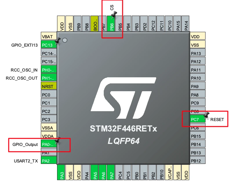 Image showing the STM32 pins configured for W5500 CS and Reset.