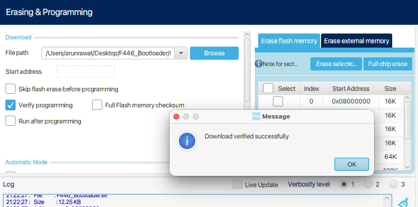 Image shows how to flash the bootloader project to STM32 board from STM32CubeProgrammer.