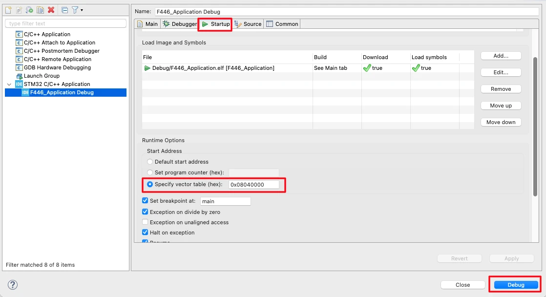 STM32CubeIDE debugger configuration for the Application project. The new Vector address should be mentioned in the Startup tab.