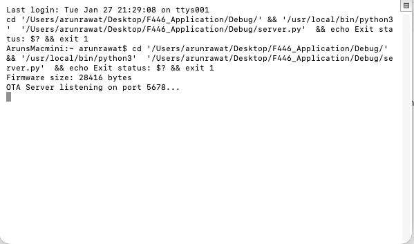 image shows the server logs displaying that the TCP server is listening and ready to accept a client connection.
