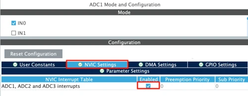STM32 ADC interrupt configuration for single channel.