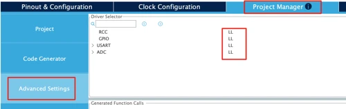 Enable the STM32 LL drivers in STM32CubeMX.