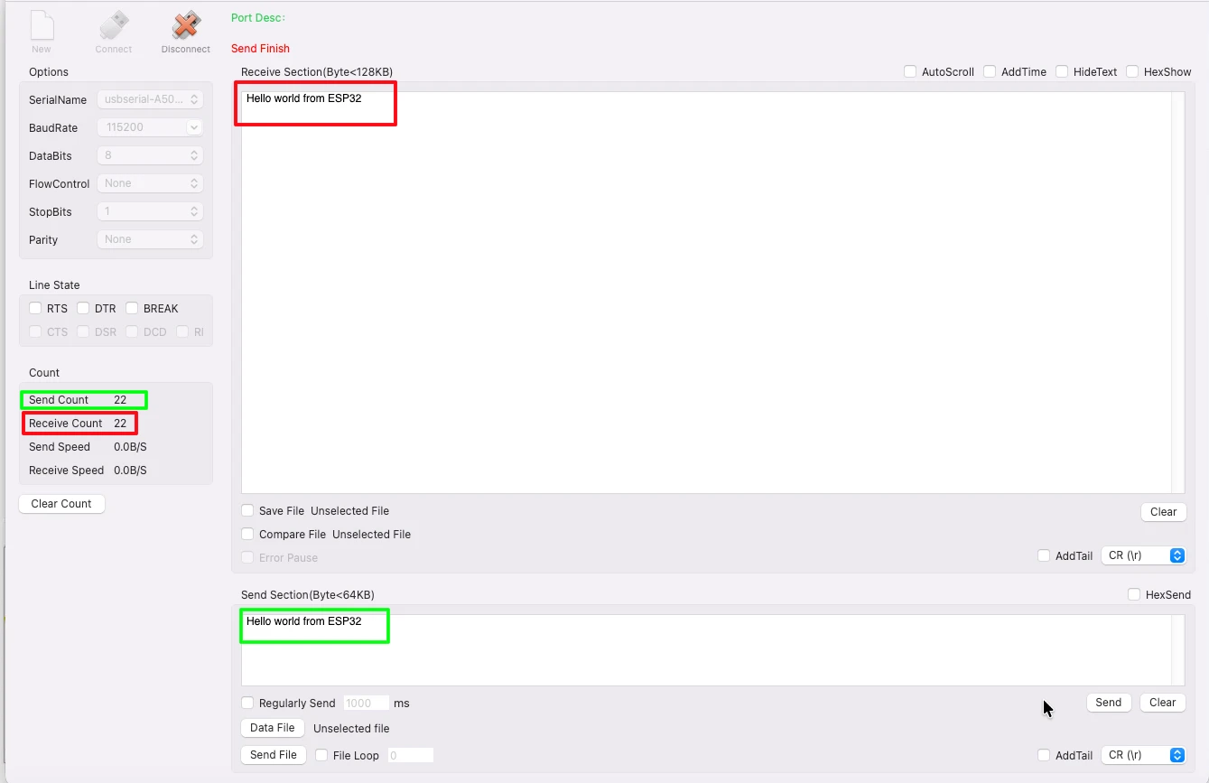 Serial console screenshot showing a small string "Hello ESP32 - Testing UART Interrupt Mode" being sent to the ESP32 and echoed back correctly, with matching send and receive byte counts of 22 bytes.