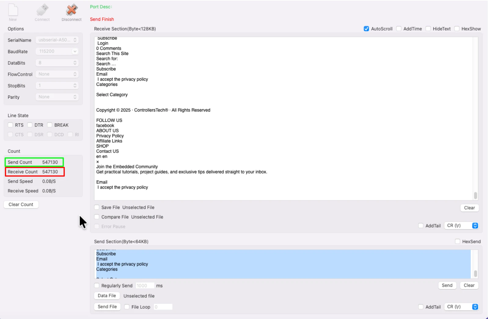 Serial console showing two large data transfer tests. 500KB data was received and sent back by ESP32.