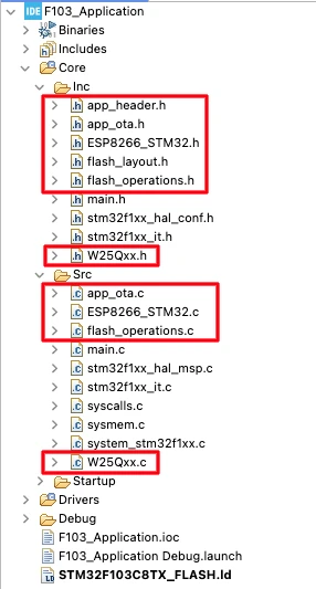 Image shows the application project structure with new library files included to use OTA update from ESP8266.