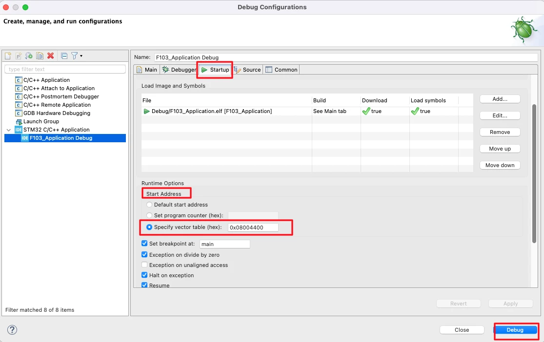 Image shows how to create the debug configuration for the custom application address inside the STM32 flash memory.