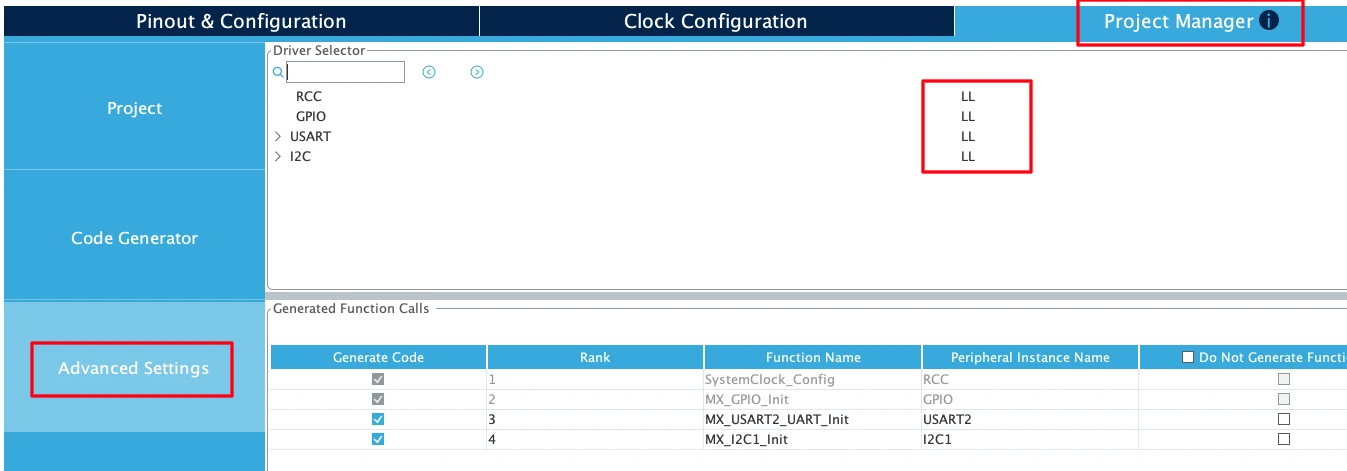 Enable the STM32 LL drivers in STM32CubeMX.