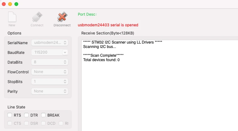 Image showing the I2C scanner output on the serial console showing there is no device on the STM32 I2C bus.