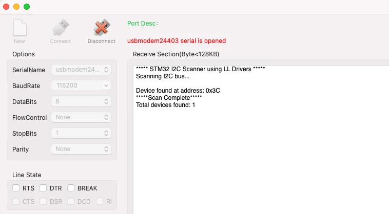 Image showing the I2C scanner output on the serial console showing the address of the SSD1306, which is connected to the STM32 I2C bus.