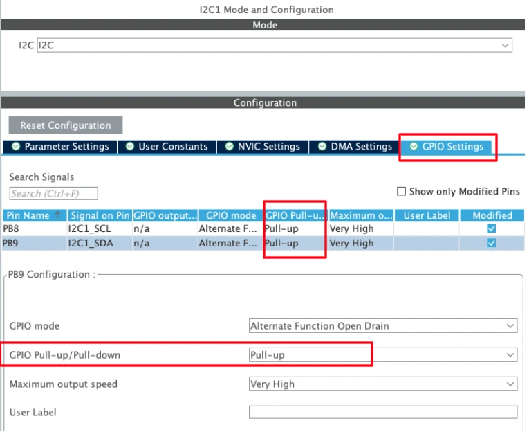 Image showing the pull-up configuration for STM32 I2C.