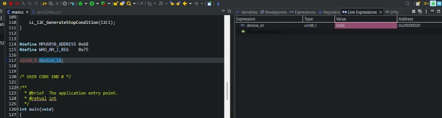 Image shows the MPU6060 device ID is read by the STM32 using LL drivers and it is being displayed on the debugger.