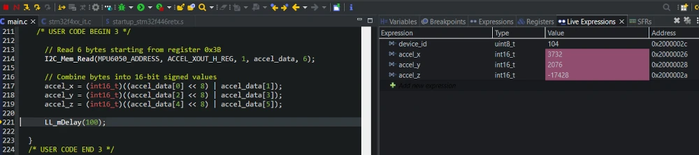 Image shows the accelerometer data read by the STM32 I2C using LL drivers is displayed on the debugger.