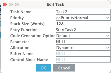 task2 configured in STM32CubeMX with its priority level to send the data to the queue