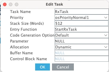 RxTask configured in STM32CubeMX with its priority level to receive the data from the queue and use printf to print it on the serial console