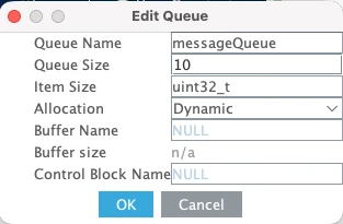 Image shows the queue configuration in STM32 FreeRTOS.