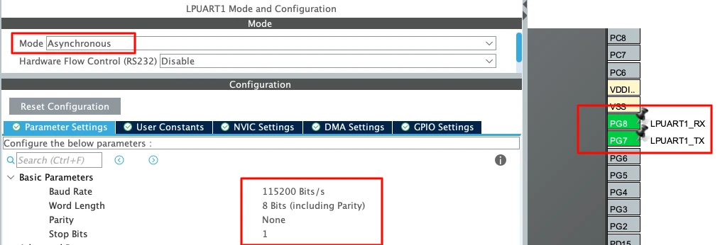 Image shows the LPUART configuration in Nucleo L496 to print the data on the serial console.