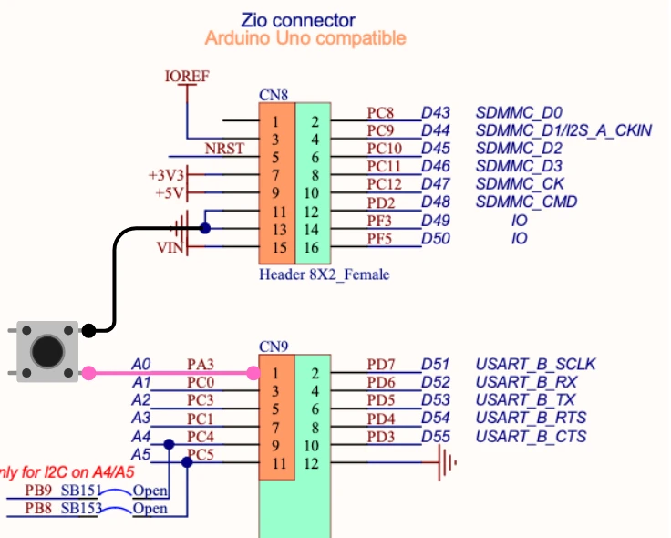 Image shows how the button is connected between the nucleo pin and ground.