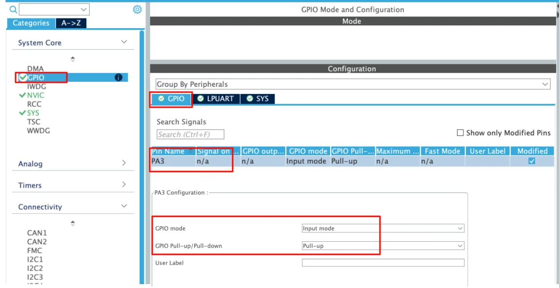 Image shows the GPIO configuration for the button connection with Nucleo L496.