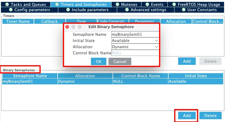 Binary semaphore configuration in STM32 CubeMX.