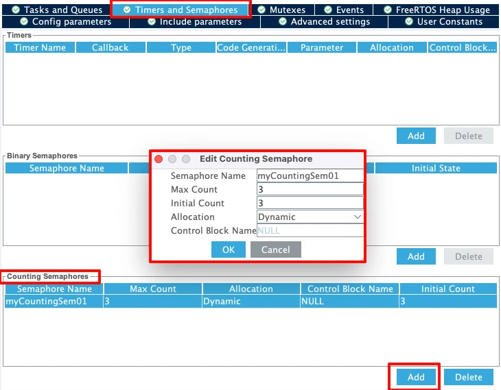 STM32CubeMX Timers and Semaphores tab showing the counting semaphore configured with a max count of 3 and initial count of 3 for the FreeRTOS counting semaphore demonstration.