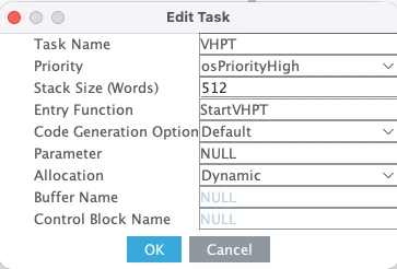 STM32CubeMX Tasks and Queues tab showing four FreeRTOS tasks — LPT, MPT, HPT, and VHPT — configured with different priority levels for the counting semaphore demonstration.